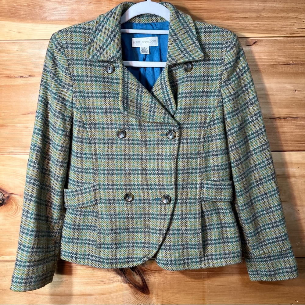 VINTAGE 80s Petite Sophisticate Green Plaid Pea Coat